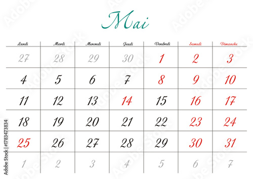 Minimalist French 2026 calendar with months and dates, clean typography design, white background