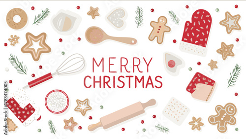 Merry christmas baking scene with gingerbread cookies baking tools pine sprigs and festive decorations on a white background