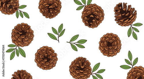 Pine Cones and Green Leaves Pattern, Forest Botanical Background