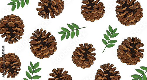 A delightful pattern featuring realistic pine cones and green leaves on a white background, perfect for natural-themed designs