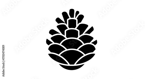 A stylized black and white illustration of a pine cone, representing nature and the outdoors