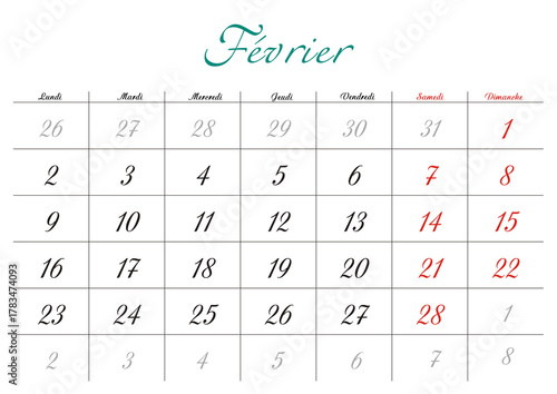 Minimalist French 2026 calendar with months and dates, clean typography design, white background
