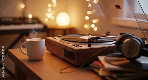 Cozy evening scene featuring a vintage record player, steaming coffee, and ambient lighting creating a relaxing