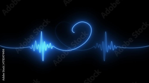 Abstract glowing neon Cardiogram in heart shape heartbeat heat pulse glowing red neon light loop animated background. 4k animation.