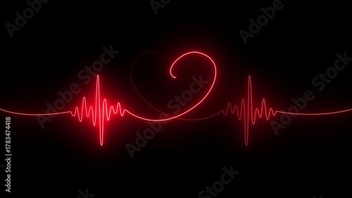 Abstract glowing neon Cardiogram in heart shape heartbeat heat pulse glowing red neon light loop animated background. 4k animation.