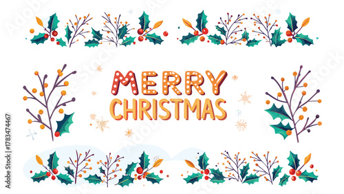 Whimsical merry christmas greeting with festive holly branches and berries in a decorative border design