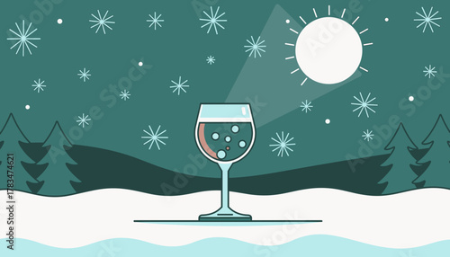 Glass of wine on snow-covered ground under winter sun and snowflakes - Concept of Hogmanay, New Year  