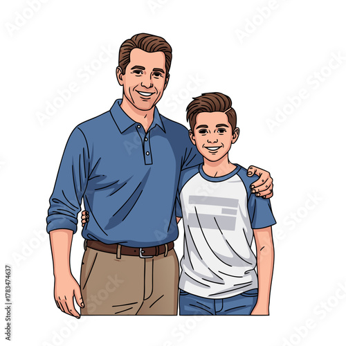 Father and son smiling together with arms around each other  