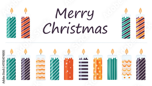 Festive merry christmas greeting card featuring a row of colorful striped and patterned candles burning brightly