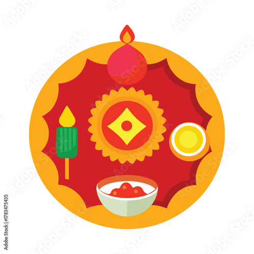 Decorative puja thali vector with Diya rice Kumkum bell flat top-view illustration