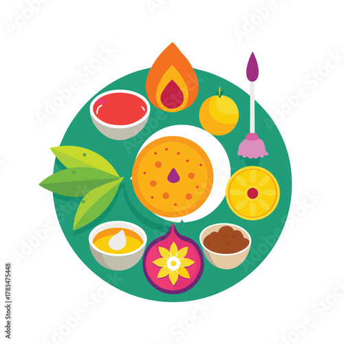 Top-view puja thali vector with Diya flowers fruits and rice bowl flat bright illustration