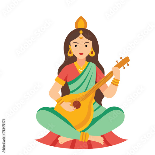 Saraswathi clay idol vector holding veena flat minimal style illustration
