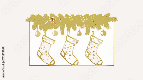 Elegant gold christmas stockings with stars hanging from a festive fir branch with baubles against a soft cream background