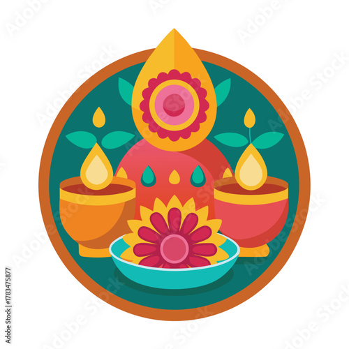 Decorated puja thali vector with Diya flowers and Kumkum bowl flat colorful