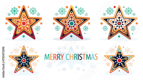 Festive christmas star shaped cookies decorated with intricate patterns and surrounded by snowflakes and bokeh lights for holiday greetings