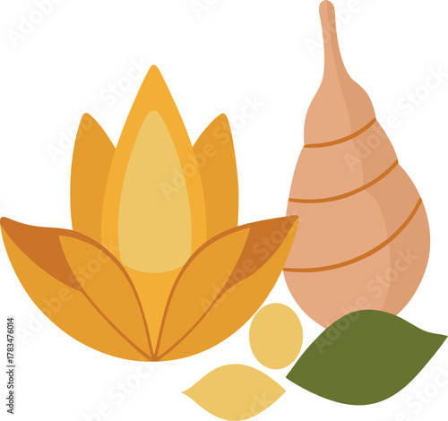 Brass conch vector placed beside lotus petals flat colorful illustration