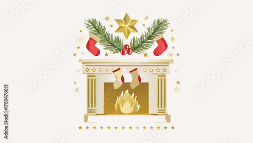 Cozy christmas fireplace scene with stockings pine branches berries and a golden star decoration