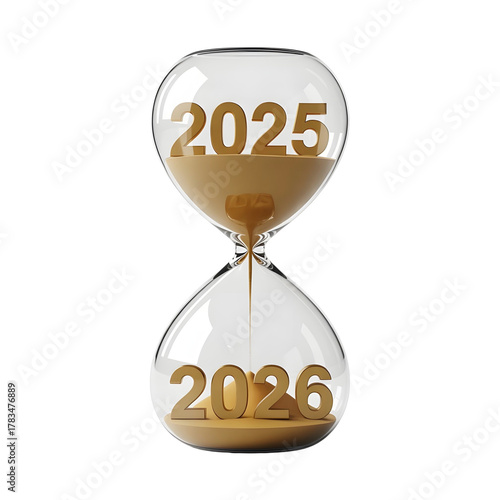 Hourglass with 2025 and 2026 marking the passage of time