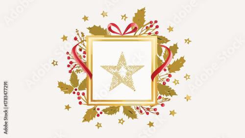 Golden star ornament in a festive christmas frame surrounded by holly berries and leaves with scattered stars