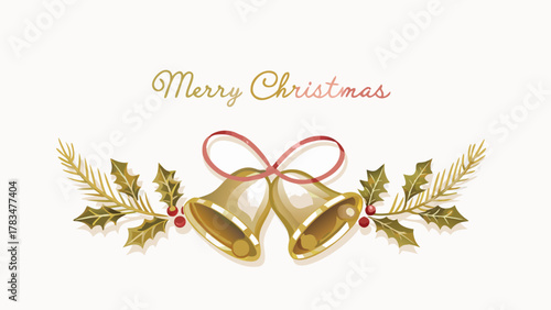 Elegant merry christmas greeting with golden bells and festive holly sprigs adorned with red berries and a delicate ribbon