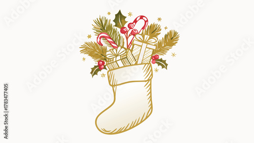 Festive christmas stocking overflowing with gifts candy canes pine branches holly berries and stars against a light background