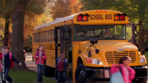 Yellow school bus picking up students on a sunny day in autumn Stock Video
