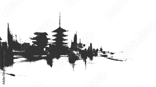 Kyoto city skyline in black ink brush stroke grunge art with traditional Japanese cultural landmarks