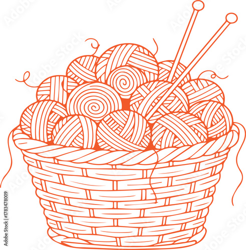 Hand drawn illustration of a woven basket overflowing with balls of yarn and knitting needles