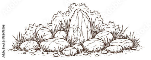 A collection of various stones nestled in the grass and bushes, set against a white backdrop. This is a vector illustration done by hand in an outline style.