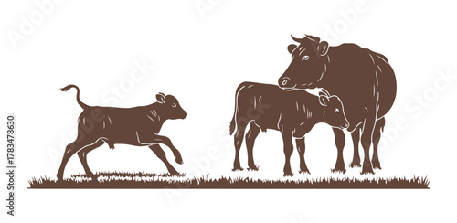 A line art depiction of a happy calf frolicking in a green field, with another calf close to its mother. The image captures the playful and caring nature found in a rural farm environment.