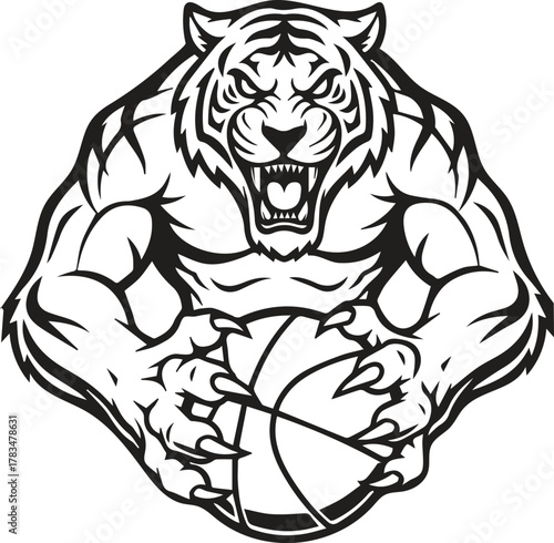 Fierce muscular tiger mascot holding basketball ready to play
