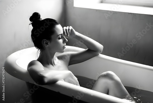 A black-and-white photograph of a woman relaxing in a bathtub with natural light.