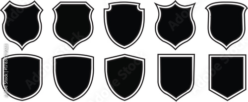 shield icons set. collection of black security shield icons. shield vector, police badge shape and basic shield vector illustration
