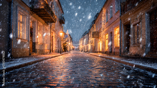 Fototapeta Naklejka Na Ścianę i Meble -  Snowfall on cobblestone street with glowing windows, cinematic motion blur and leading lines, emotional holiday stillness