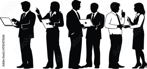 Business Team Silhouettes – Professionals in Conversation, Collaboration, and Tech Use