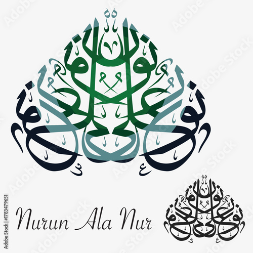 Elegant “Nurun Ala Nur” Arabic calligraphy vector design symbolizing divine light upon light. Perfect for Islamic art prints, posters, and digital use.