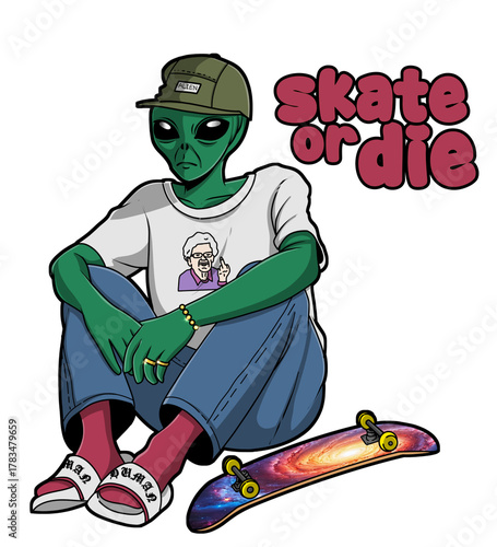 Cool alien skater character sitting with galaxy skateboard, streetwear illustration with quote skate or die