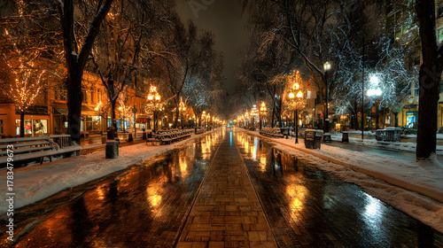 Snowy boulevard with holiday lights reflecting off pavement, cinematic night HDR clarity