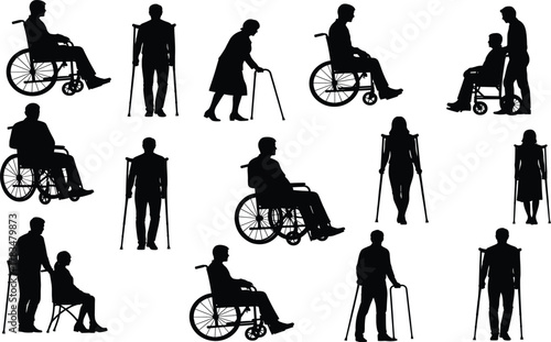 Disability and Mobility Aid Silhouettes – Inclusive Scenes of Support and Accessibility