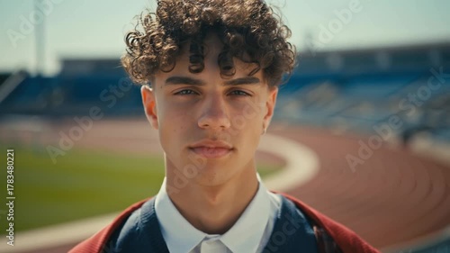 A young man standing confidently in a sports stadium. His focused gaze and demeanor suggest determination and strength Stock Video