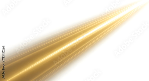 Focused diagonal golden light beam with parallel lines, isolated on white background.