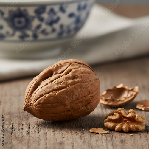 Whole and Cracked Walnuts on a Rustic Wooden Surface