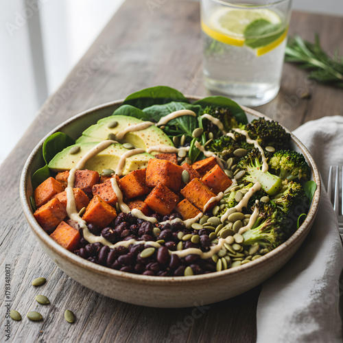 Nutritious Plant-Based Buddha Bowl with Sweet Potatoes and Avocado