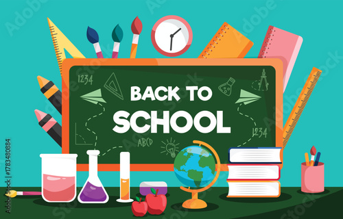 Back to school vector illustration with school supplies books and blackboard flat design for educational projects and presentations