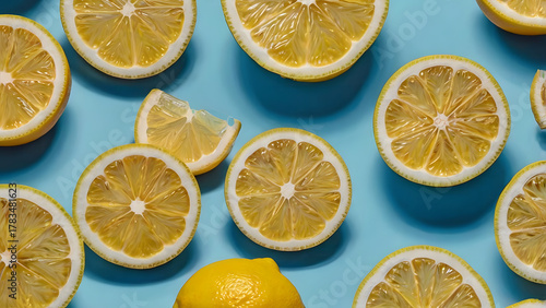 Fresh Lemon Slices on Blue Background
