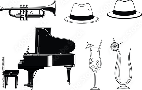 Jazz Culture Icons – Trumpet, Fedora Hats, Grand Piano, and Cocktails in Black and White