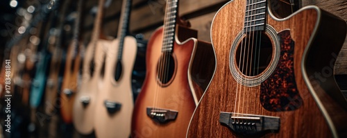 Guitars are displayed in a row on a wall, showcasing various colors and wood finishes