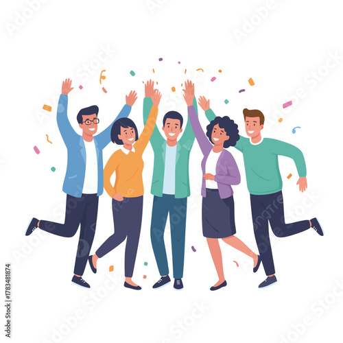 Diverse group of friends celebrating a successful project completion with confetti and raised arms in a joyful team-building moment