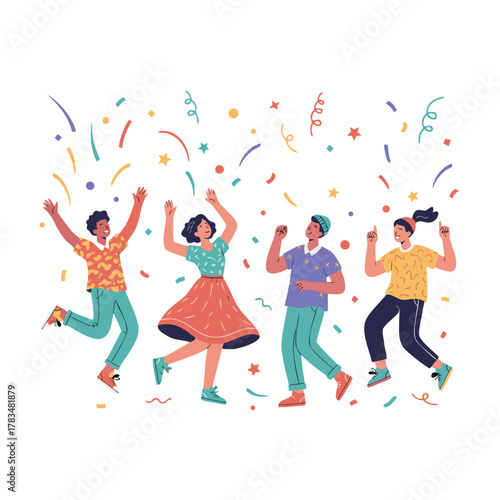 Diverse Group of Friends Celebrating Joyfully With Confetti and Streamers Under a Festive Atmosphere and Bright Lighting Style