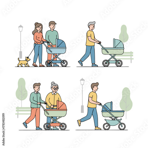Diverse Couples and Families Strolling with Baby Strollers in a Park at Sunset Under Streetlights A Soft Vector Illustration Capturing Peaceful Moments Together